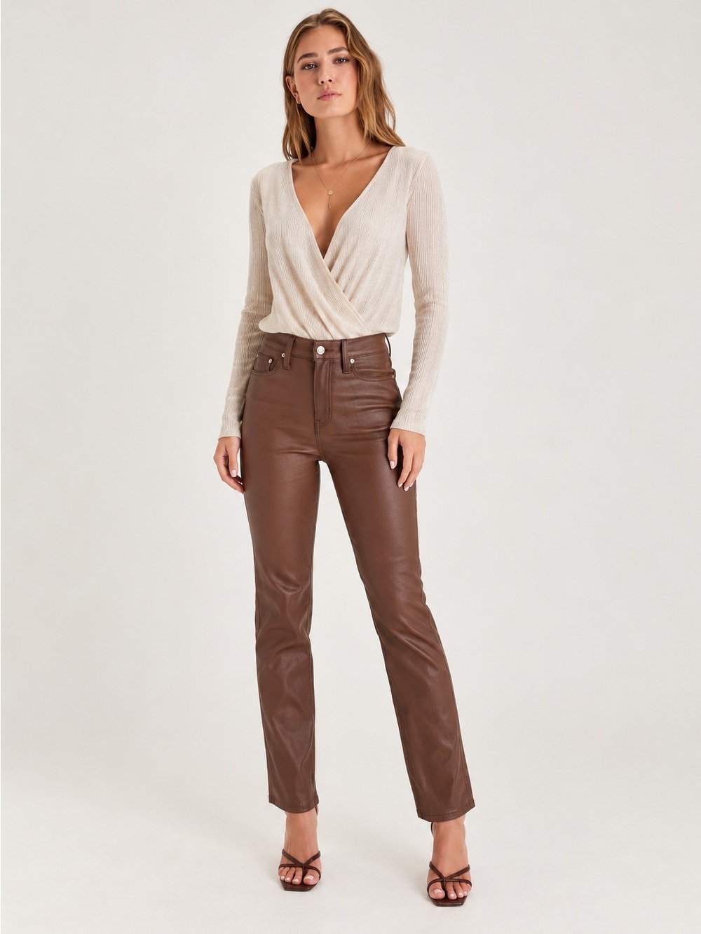 LULUS Sexy Chic Faux Vegan Leather Date Night Straight Leg High Rise Denim